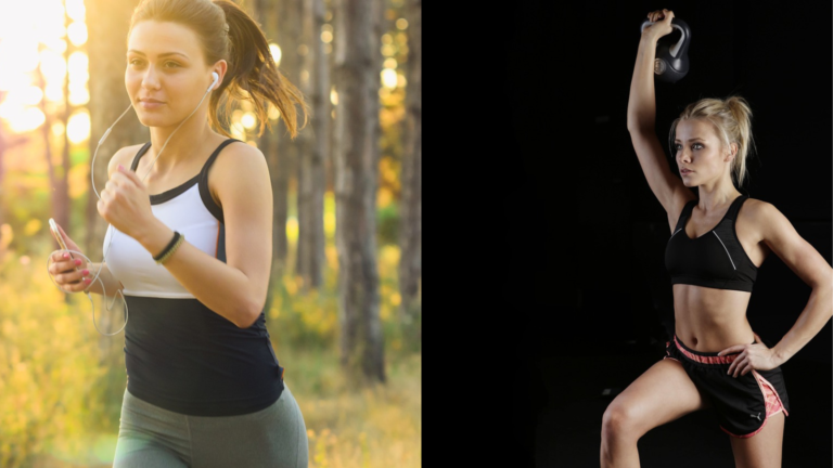 Morning vs Evening Workouts illustration with a runner at sunrise and a lifter at night