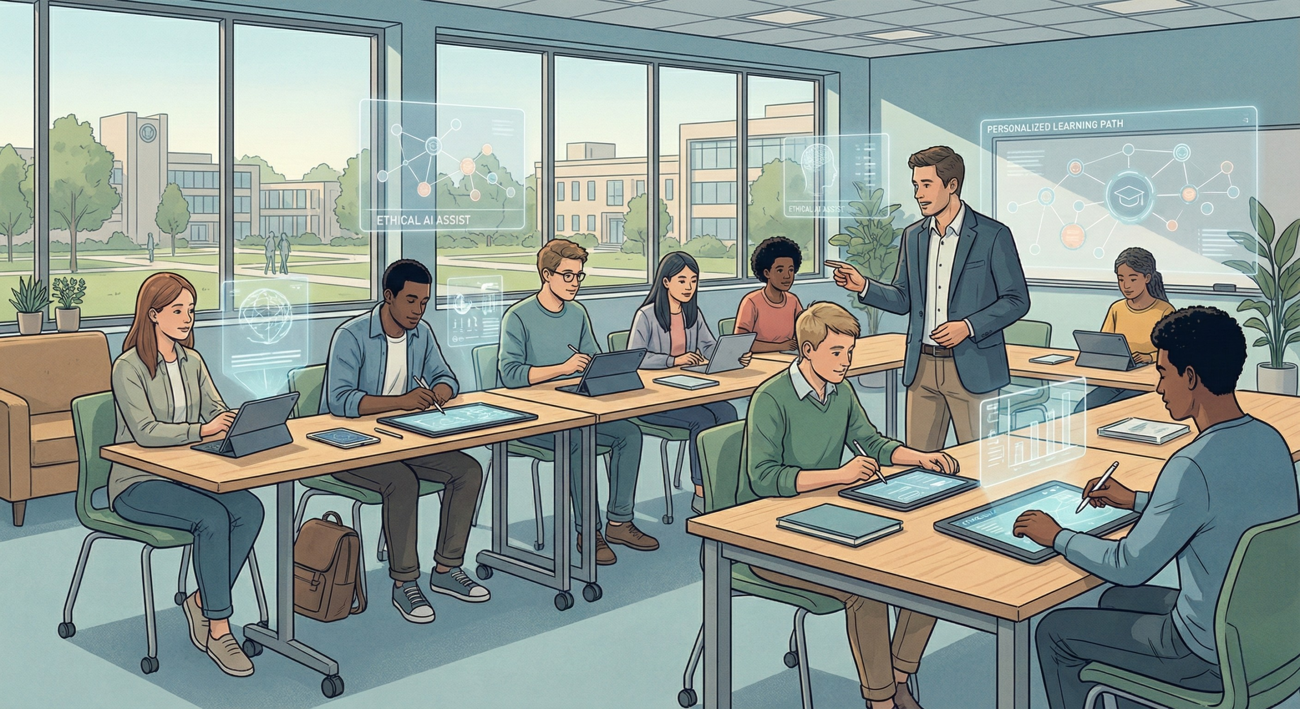 Illustration of the future of education in 2026, showing teachers and students using digital tools and AI-supported learning environments