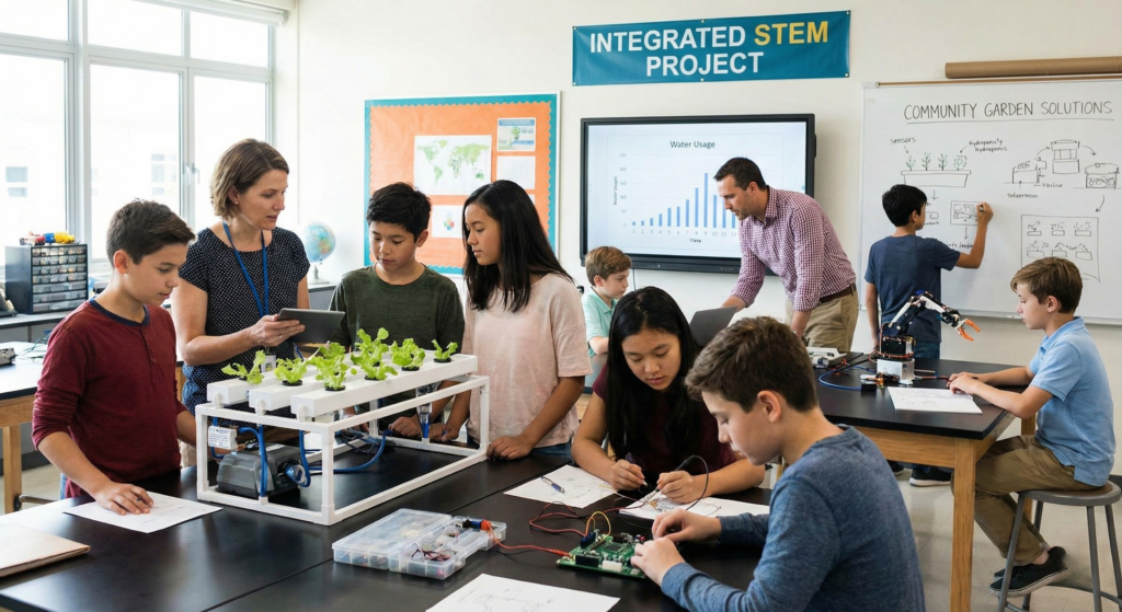 Students and teachers engaging in integrated STEM education to solve real-world problems