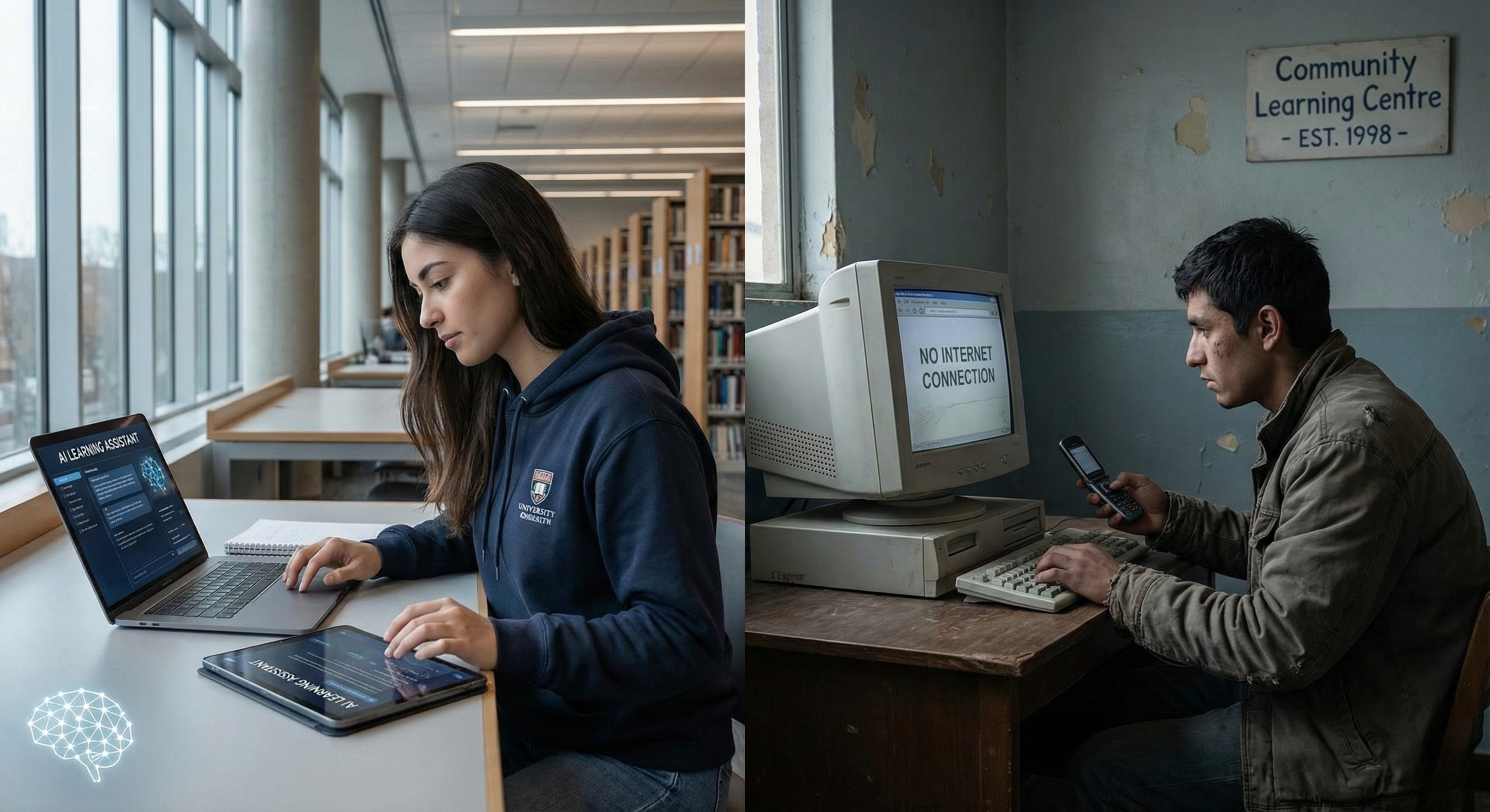 Illustration showing unequal access to AI tools in education, highlighting the AI divide between well-resourced and under-resourced students